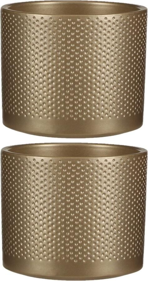 Mica Decorations 3x stuks bloempot in kleur relief goud keramiek voor kamerplant H13 x D15 cm- plantenpotten binnen