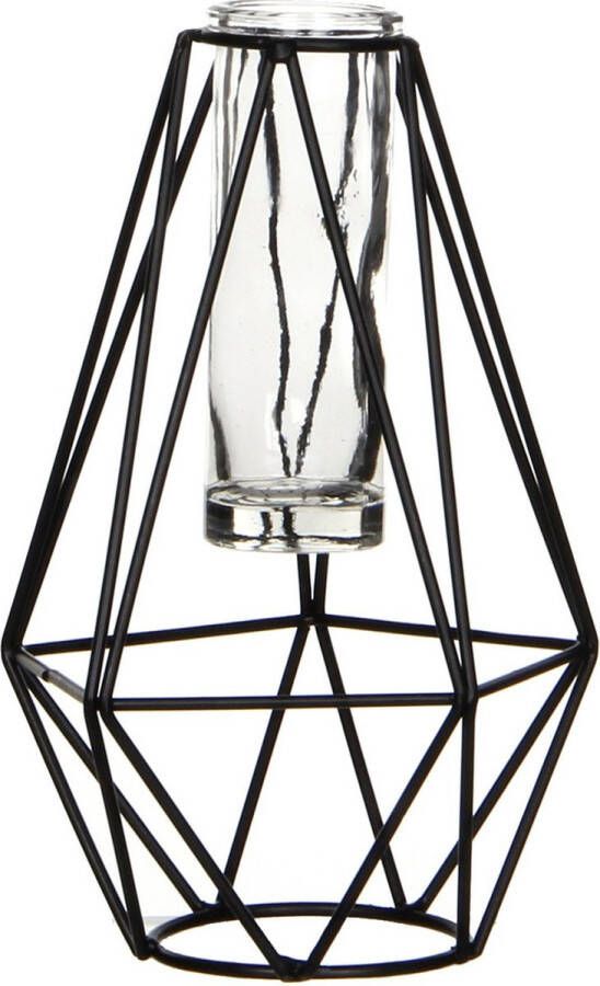 Mica Decorations Zwart metalen diamant draad vaasje met glas 11 x 10 x 17 cm Vazen