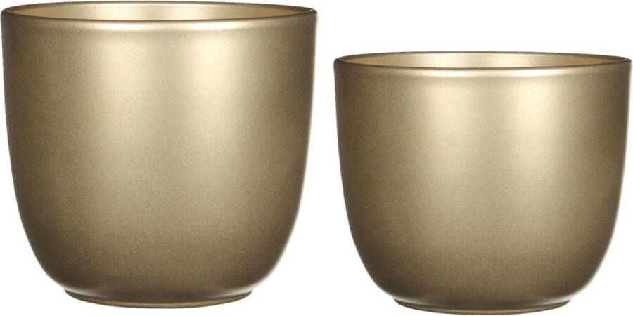Mica Decorations Mica Plantenpot bloempot 2x stuks keramiek goud D12 17 cm