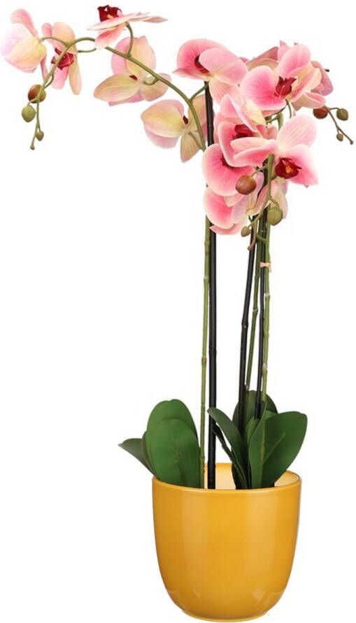 Mica Decorations Orchidee kunstplant roze 75 cm inclusief bloempot okergeel glans Kunstbloemen in pot