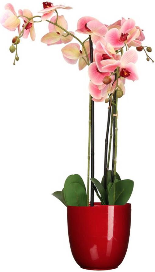 Mica Decorations Orchidee kunstplant roze 75 cm inclusief bloempot rood glans Kunstbloemen in pot