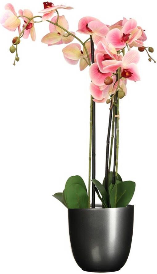 Mica Decorations Orchidee kunstplant roze 75 cm inclusief bloempot zwart mat Kunstbloemen in pot