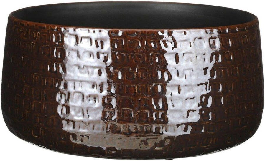 Mica Decorations Plantenpot Bloemen Schaal Keramiek Donkerbruin Relief Patroon D29 h12 Cm Plantenpotten