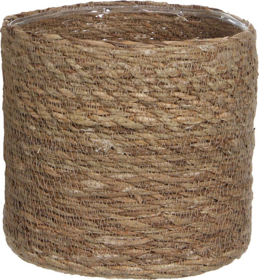 Mica Decorations Naturel bruin rotan planten bloemen pot mand van gedraaid jute riet zeegras H16 en D16 cm Met plastic binnenkant