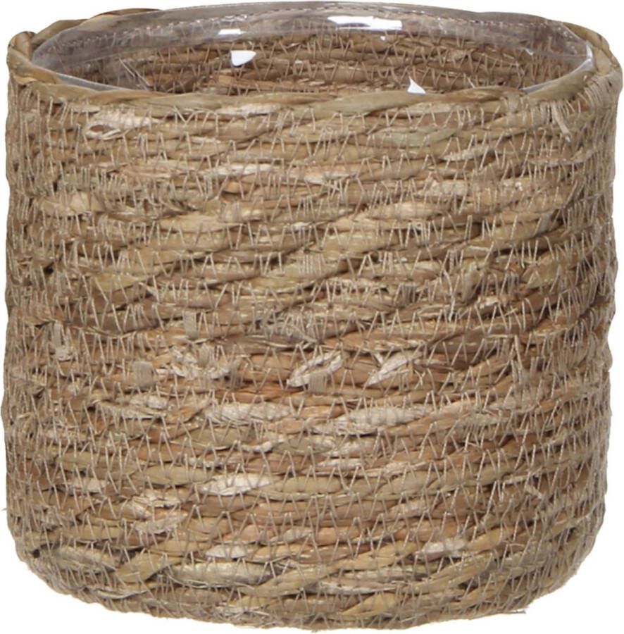 Mica Decorations Naturel bruin rotan planten bloemen pot mand van gedraaid jute riet zeegras H14 en D14 cm Met plastic binnenkant