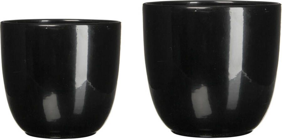 Mica Decorations Plantenpot bloempot Zwart Glans Keramiek Set 2x D19 En D14 Cm Plantenpotten