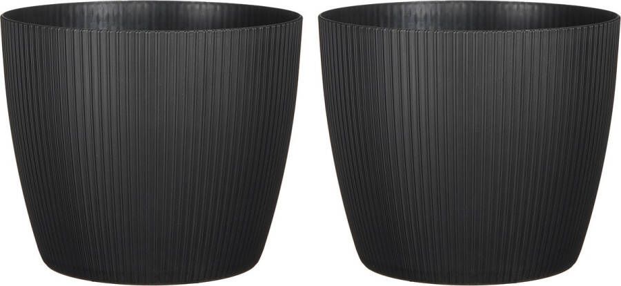 Mica Decorations Plantenpot bloempot 2 st kunststof zwart ribbels- D25 x H21 cm