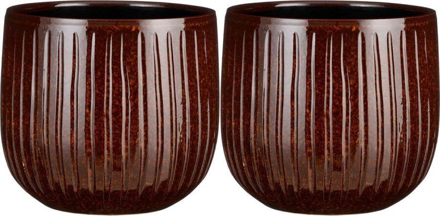 Mica Decorations Plantenpot bloempot 2x bruin glans ribbels- D25 H20 cm