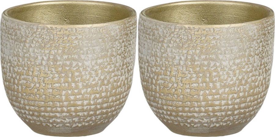 Mica Decorations plantenpot bloempot 2x champagne wit flakes D14 H12 cm