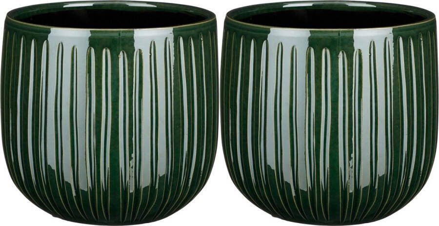 Mica Decorations plantenpot bloempot 2x donkergroen ribbels D25 H20 cm