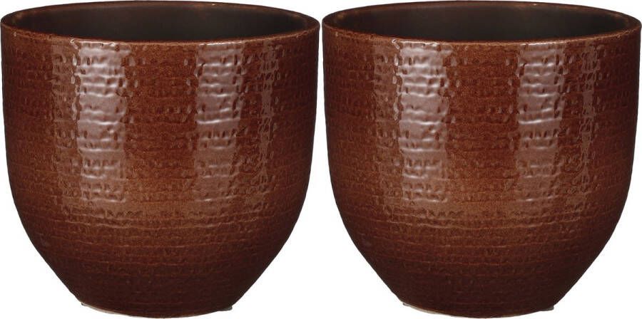 Mica Decorations 2x Stuks Plantenpot bloempot Kastanje Bruin Met Flakes Patroon D20 h18 Cm Plantenpotten