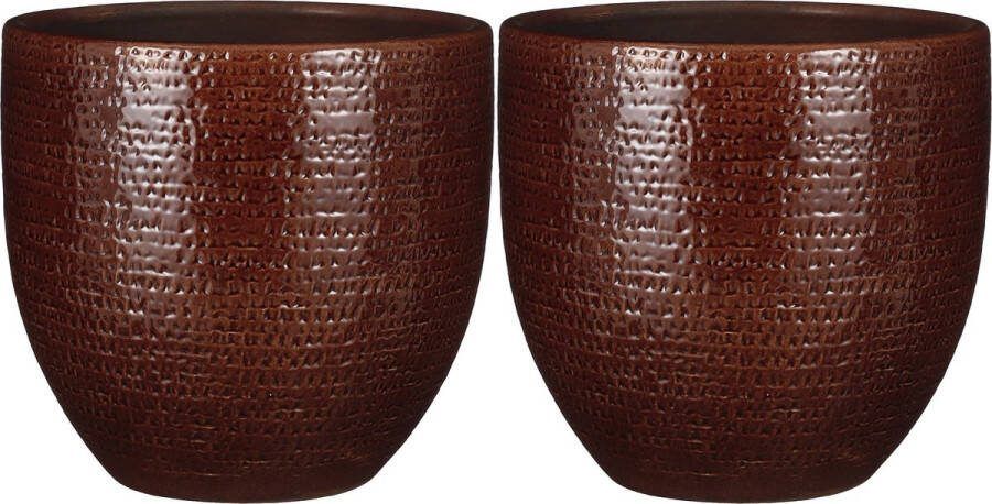 Mica Decorations plantenpot bloempot 2x kastanje bruin flakes relief- D24 H22 cm