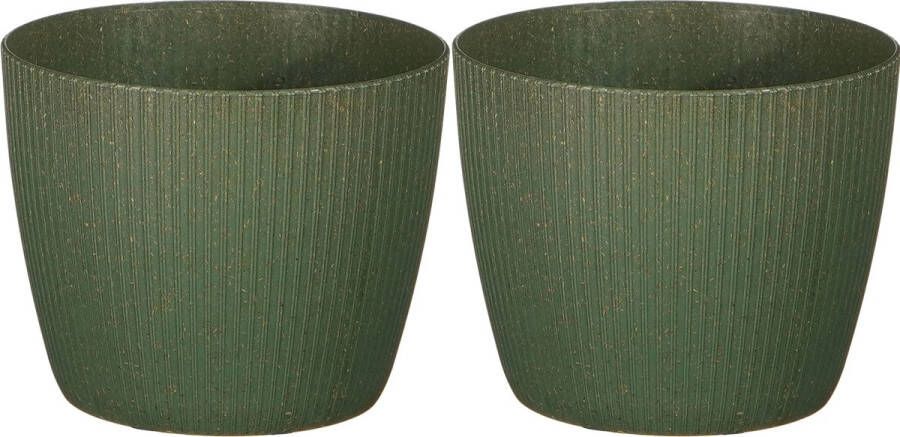 Mica Decorations plantenpot bloempot 2x kunststof donkergroen ribbels- D14 H14 cm