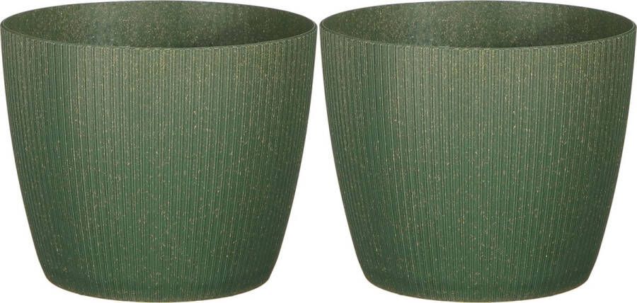 Mica Decorations plantenpot bloempot 2x kunststof donkergroen ribbels- D17 5 H15 cm