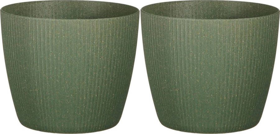 Mica Decorations Plantenpot bloempot 2x kunststof donkergroen ribbels- D22 H22 cm