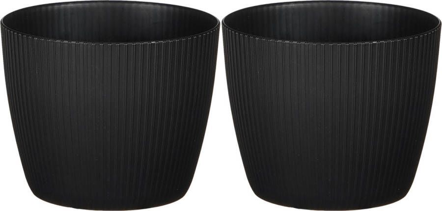 Mica Decorations plantenpot bloempot 2x kunststof zwart ribbels- D16 H16 cm