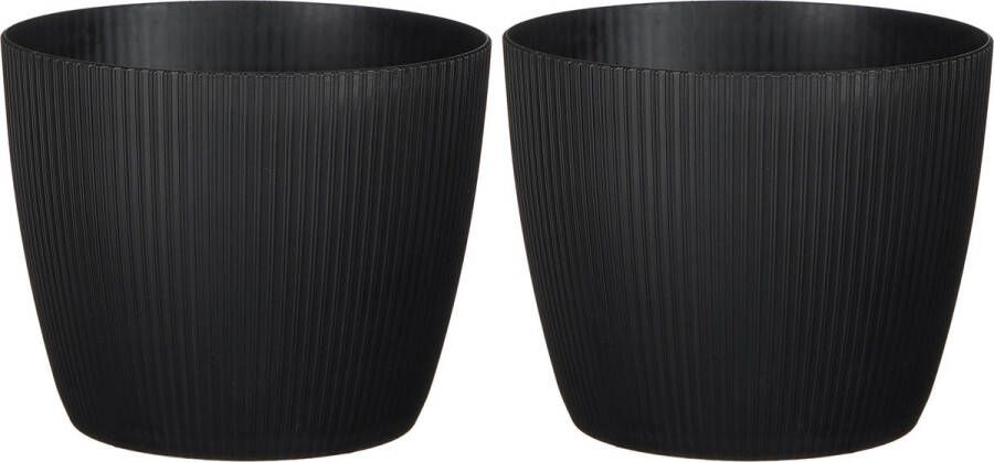 Mica Decorations plantenpot bloempot 2x kunststof zwart ribbels- D19 H19 cm