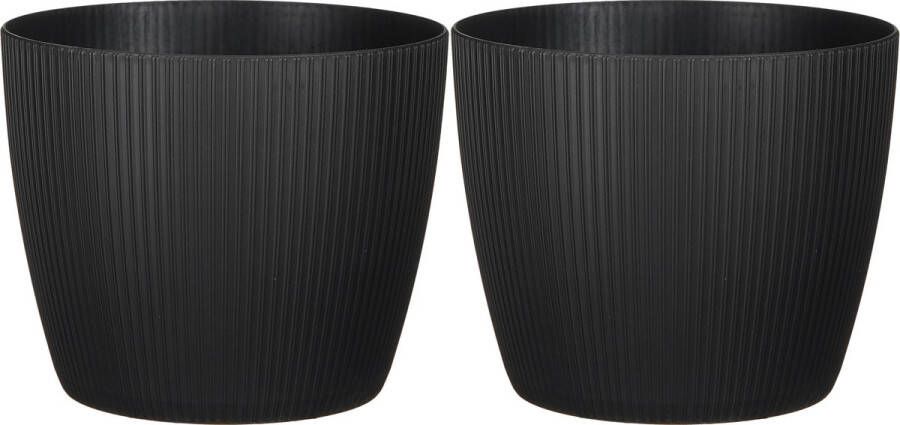 Mica Decorations plantenpot bloempot 2x kunststof zwart ribbels- D20 H17 cm