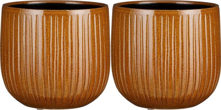 Mica Decorations plantenpot bloempot 2x okergeel glans ribbels- D25 H20 cm