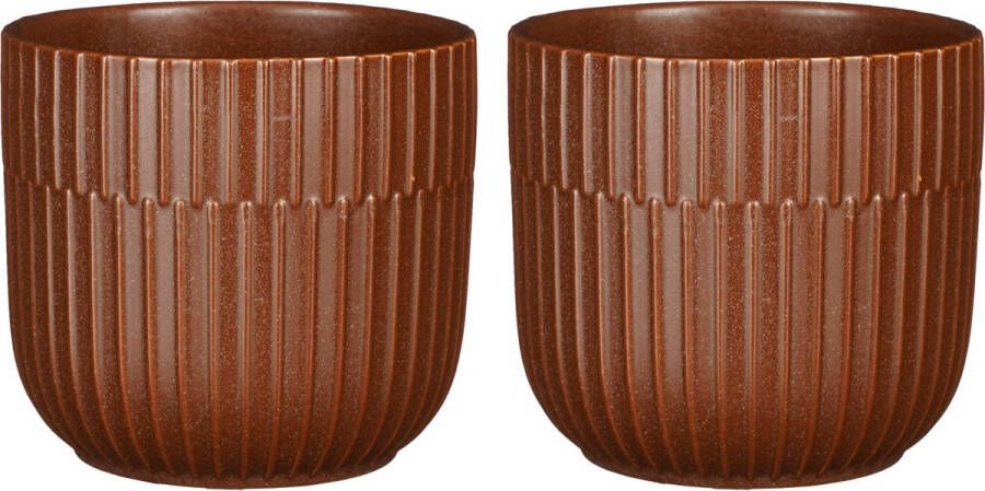 Mica Decorations Plantenpot bloempot 2x stuks keramiek bruin D12.5 H11 cm