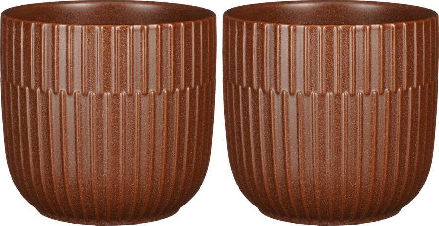 Mica Decorations Plantenpot bloempot 2x stuks keramiek bruin D14 H13 cm