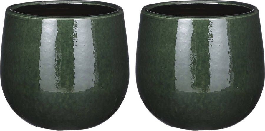Mica Decorations Plantenpot bloempot 2x stuks keramiek donkergroen glans spotted- D14 H12 cm