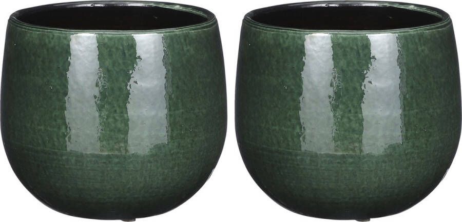 Mica Decorations Plantenpot bloempot 2x stuks keramiek donkergroen glans spotted- D16 H14 cm