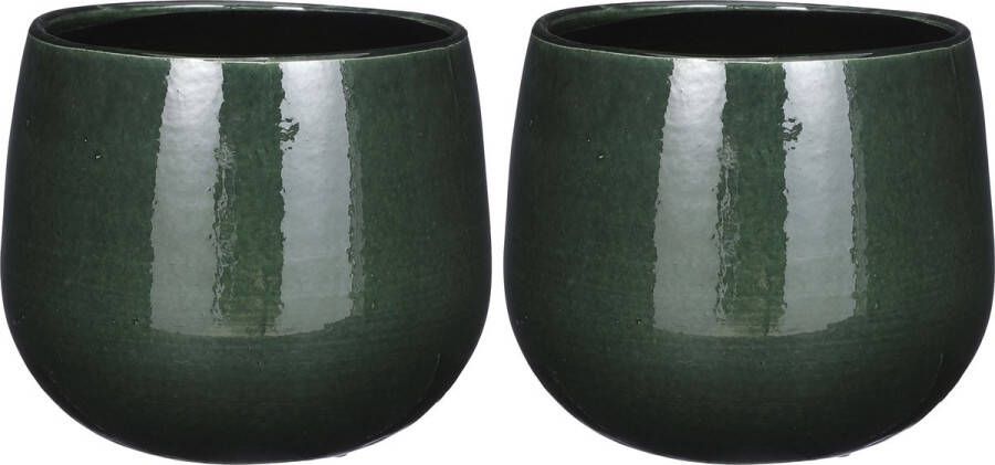 Mica Decorations 2x Stuks Plantenpot bloempot keramiek donkergroen speels licht gevlekt patroon D18 H16 cm Plantenpotten