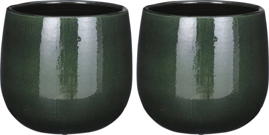 Mica Decorations Plantenpot bloempot 2x stuks keramiek donkergroen glans spotted- D21 H19 cm