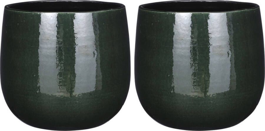Mica Decorations 2x Stuks Plantenpot bloempot keramiek donkergroen speels licht gevlekt patroon D25 H20 cm Plantenpotten
