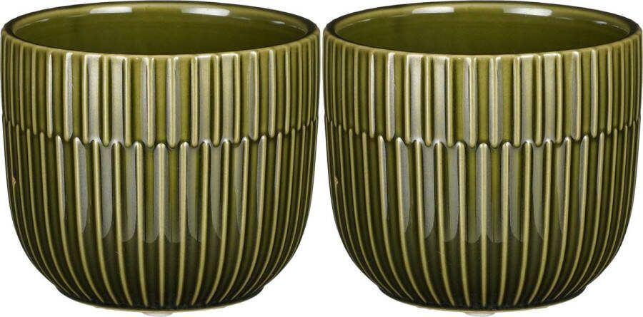 Mica Decorations Plantenpot bloempot 2x stuks keramiek glans donkergroen D11 H9 cm