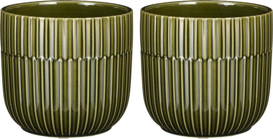 Mica Decorations Plantenpot bloempot 2x stuks keramiek glans donkergroen D12.5 H11 cm