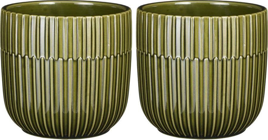 Mica Decorations Plantenpot bloempot 2x stuks keramiek glans donkergroen D14 H13 cm