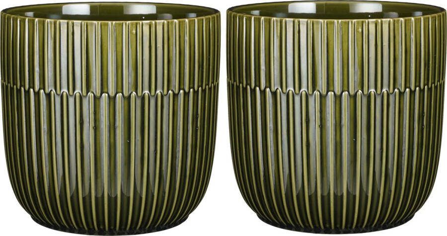 Mica Decorations Plantenpot bloempot 2x stuks keramiek glans donkergroen D19 H18 cm