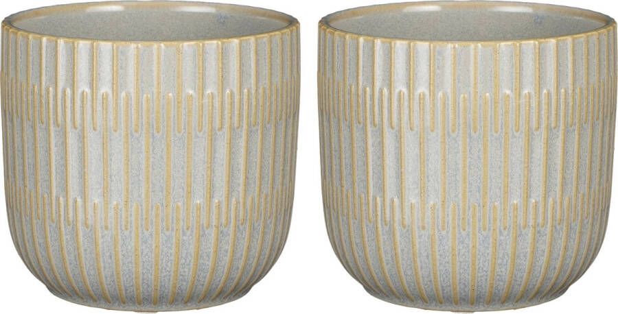 Mica Decorations 2x Stuks Plantenpot bloempot keramiek lichtgrijs stripes patroon D12.5 H11 cm Plantenpotten