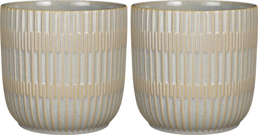 Mica Decorations 2x Stuks Plantenpot bloempot keramiek lichtgrijs stripes patroon D19 H18 cm Plantenpotten