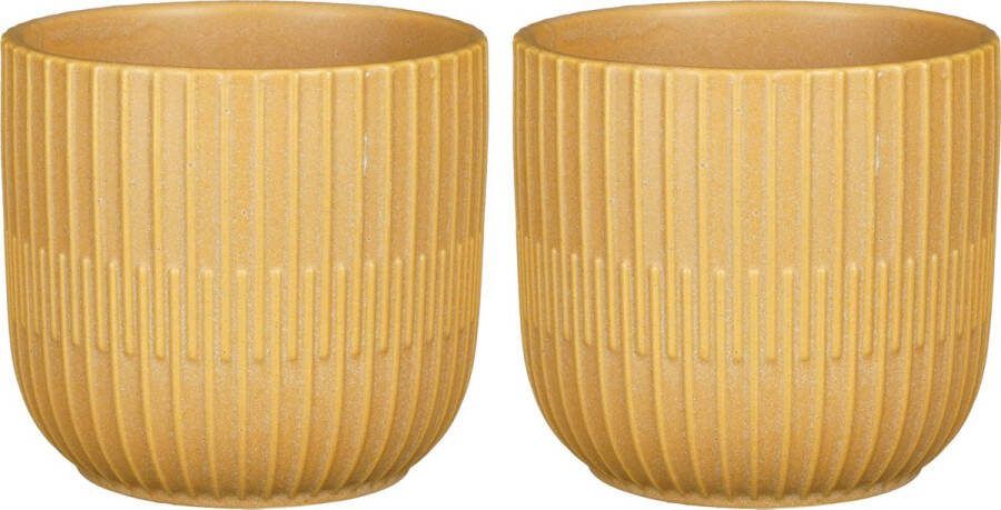 Mica Decorations 2x Stuks Plantenpot bloempot keramiek mat okergeel stripes patroon D12.5 H11 cm Plantenpotten