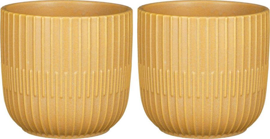 Mica Decorations Plantenpot bloempot 2x stuks keramiek okergeel D14 H13 cm