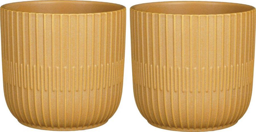 Mica Decorations Plantenpot bloempot 2x stuks keramiek okergeel D17.5 H16 cm
