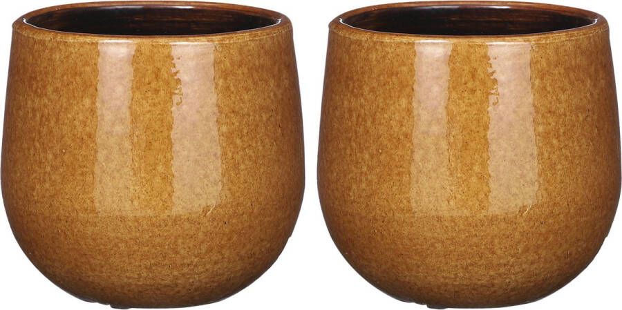 Mica Decorations Plantenpot bloempot 2x stuks keramiek okergeel glans spotted- D14 H12 cm