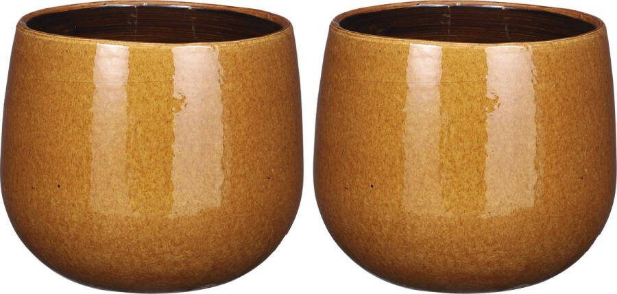 Mica Decorations Plantenpot bloempot 2x stuks keramiek okergeel glans spotted- D18 H16 cm