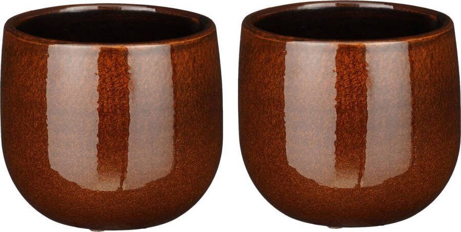 Mica Decorations 2x Stuks Plantenpot bloempot keramiek terra bruin speels licht gevlekt patroon D14 H12 cm Plantenpotten