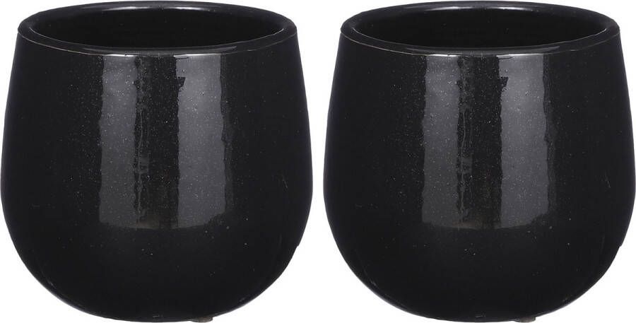 Mica Decorations Plantenpot bloempot 2x stuks keramiek zwart glans spotted- D14 H12 cm