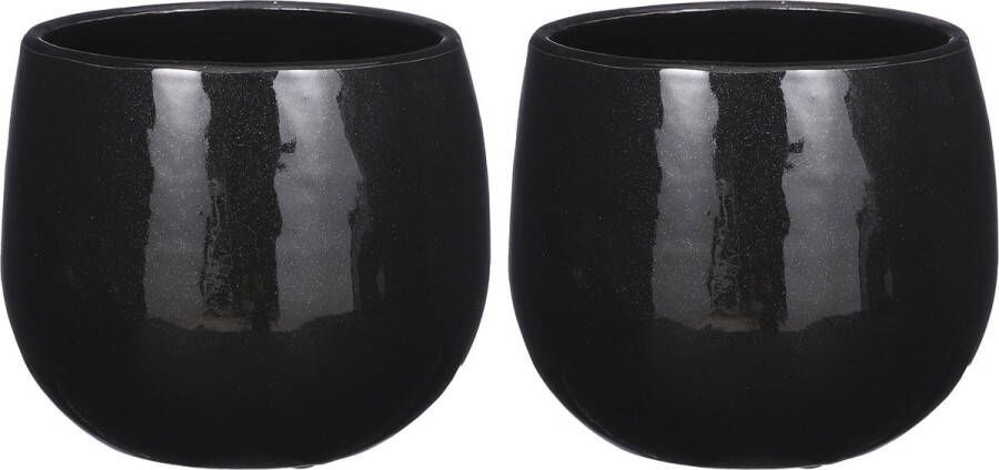 Mica Decorations 2x Stuks Plantenpot bloempot keramiek zwart speels licht gevlekt patroon D16 H14 cm Plantenpotten