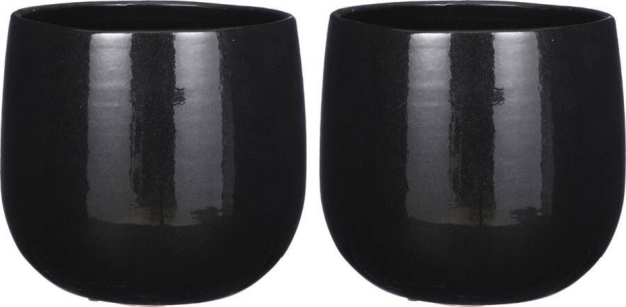 Mica Decorations Plantenpot bloempot 2x stuks keramiek zwart glans spotted- D25 H20 cm
