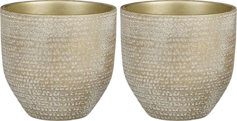 Mica Decorations Plantenpot bloempot 2x terracotta champagne wit flakes relief- D24 H22 cm