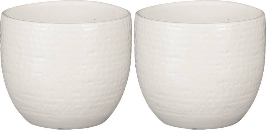 Mica Decorations plantenpot bloempot 2x wit flakes relief- D14 H12 cm