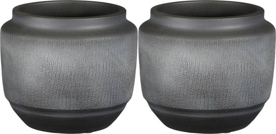 Mica Decorations plantenpot bloempot 2x zwart met relief- D21 H17 cm