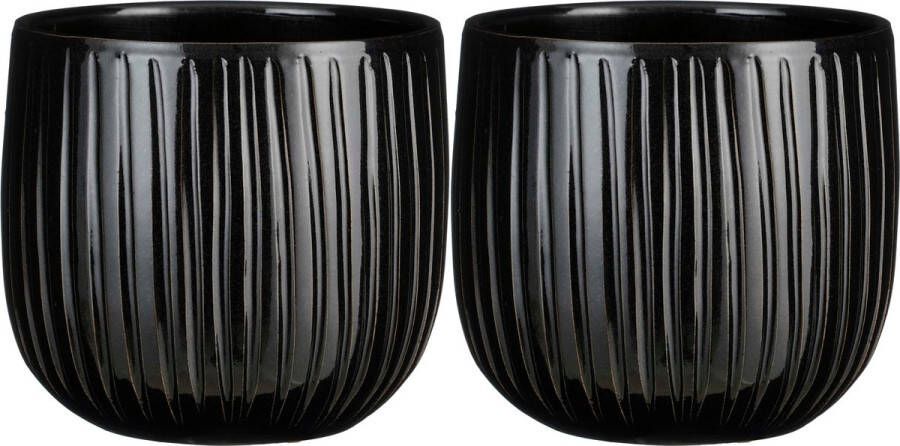 Mica Decorations plantenpot bloempot 2x zwart ribbels D21 H19 cm