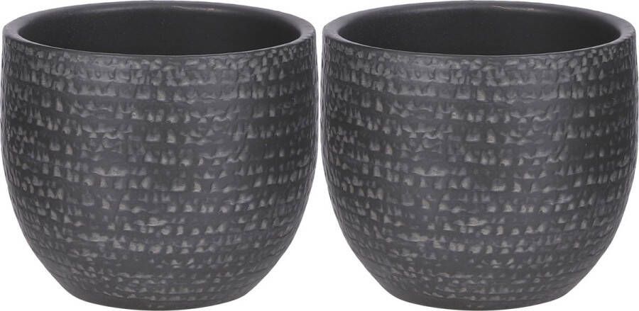 Mica Decorations plantenpot bloempot 2x zwart grijs flakes relief- D14 H12 cm